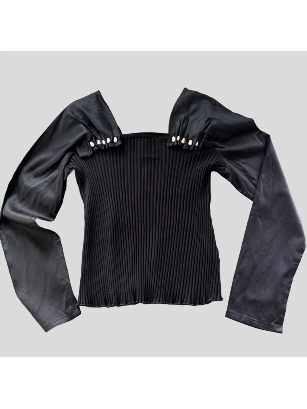 Mother of Pearl London Embellished Black Ribbed Stretch Cotton/Satin Blouse Top